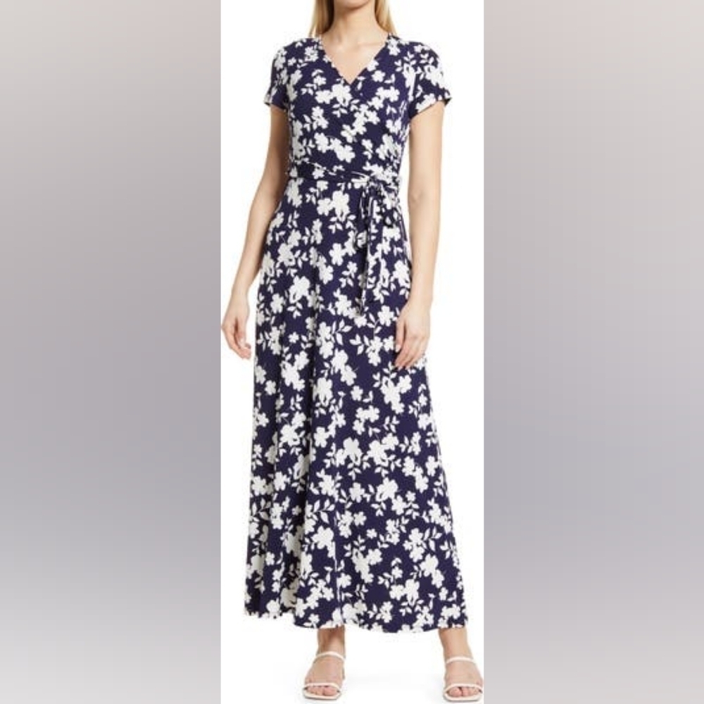 Eliza J V-neck Faux Wrap Floral Maxi Dress Size Top Size 10 Stretch Vacation